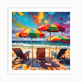 Seaside Trio Of Chairs And Umbrellas Art Print
