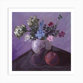 Flowers And Fruits - classical hand painted square purple floral bedroom living room figurative Art Print