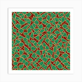 A Tile Pattern Featuring Abstract Geometric Shapes, Rustic Green And Red Colors, Flat Art, 196 Art Print