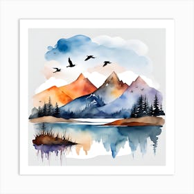 Watercolor Landscape With Birds Art Print