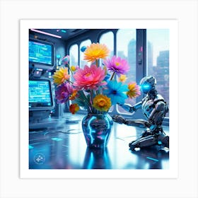 Robot With Flowers Art Print