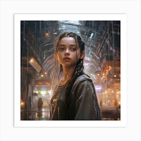 Cyberpunk Girl In Rain Art Print