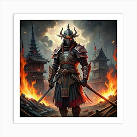 Samurai Warrior With A Sword In Front Of A Burning Village Art Print