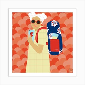 Older Lady With Backpack Taking Selfie Square Art Print