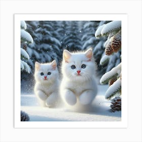 Two White Kittens In The Snow Art Print