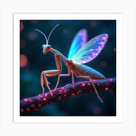 A Whimsical Mantis With Wings Of Fractal Light Perched On A Neon Lit Branch In A Dreamlike Garden 1 Art Print