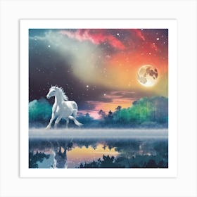 White Horse In The Moonlight Art Print