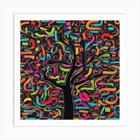 An Image Of A Tree With Letters On A Black Background, In The Style Of Bold Lines, Vivid Colors, Gra (3) Art Print