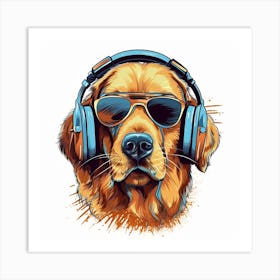 Golden Retriever Glasses with Headphones Art Print