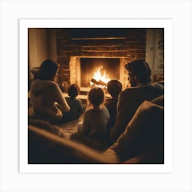 Family In Front Of Fireplace Art Print