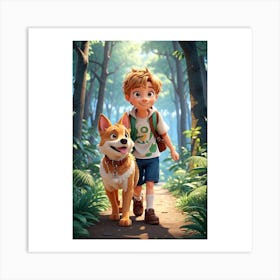 Boy And Dog In The Woods Art Print