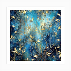 Gold Leaves On A Blue Background 1 Art Print