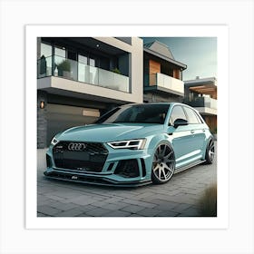 Light Blue Audi Rs4 With Full Body Kit In Front Of Modern House Art Print