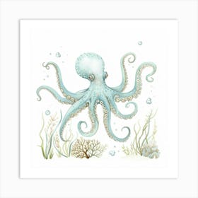 Delicate Illustration Of Blue Octopus Art Print