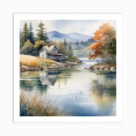 Watercolor Of A House By The Lake Art Print