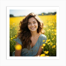 Young Woman In A Field Of Yellow Flowers Art Print