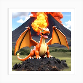 Pokemon Dragon In Front Of Volcano Art Print