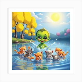 Alien Kid With Kittens Art Print