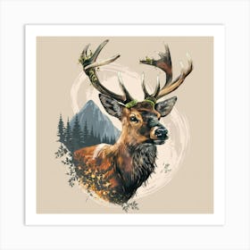 Captivating Stag Tattoo Design: Majestic Wildlife Art with Mossy Antlers, Wisdom Gaze, and Nature-Inspired Background Art Print