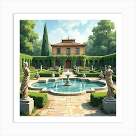 Lush Italian Garden With Watercolor Details, Featuring Fountains And Sculptures 1 Art Print