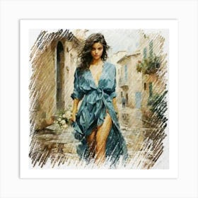 Woman In A Blue Dress Art Print