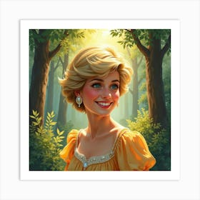 Princess Diana Glowing With A Smile, Surrounded By A Watercolor Forest 1 Art Print