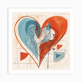 Abstract Chalk Blue & Burnt Orange Heart 2 Art Print