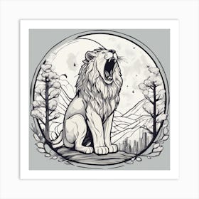 Sticker Art Design, Lion Howling To A Full Moon, Kawaii Illustration, White Background, Flat Colors, (1) Art Print