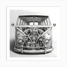 A Delicate, Transparent Pencil Sketch Of A Vintage Volkswagen Bus, Meticulously Showcasing Its Engine Parts(3) Art Print