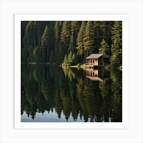 A Peaceful Lakeside Cabin Surrounded By Pine Trees And Reflecting In The Still Water 2 Art Print