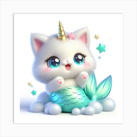 Fluffy 3D image of mermaid caticorn 3 Art Print
