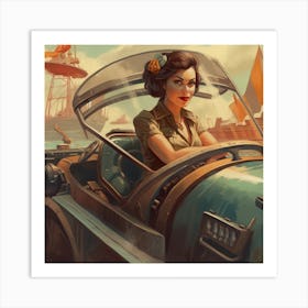 Steampunk Girl In Car Art Print