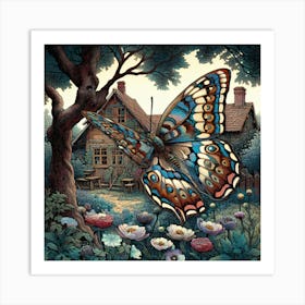 Woodcut Butterfly in Cottage Garden IV Art Print