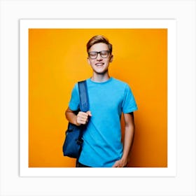 Firefly 18 Year Old, Boy, Transparent Glasses, T Shirt, Light Blue, Bag, Carrying, Yellow, Backgroun (1) Art Print