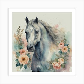 Horse With Roses Art Print