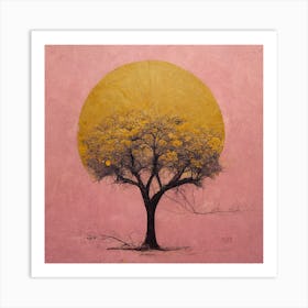 Golden Sun, Pink Sky And Tree Silhouette  Art Print
