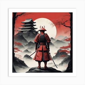 Lonely Japanese Red Samurai Warrior Art Print 2 Art Print