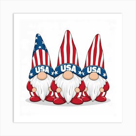 3 Patriotic Usa Gnomes in Red and Blue flag color dress Art Print