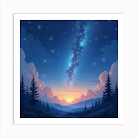 Cosmic Watercolor Landscape With Twinkling Stars 1 Art Print