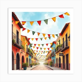 Spanish Festival With Colorful Flags And Decorations In Watercolor Art Print