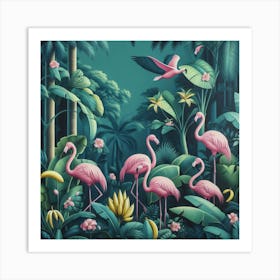 Pink Flamingos In The Jungle Art Print