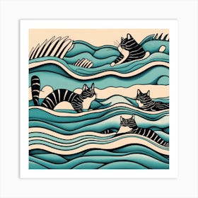 swimming Cats In The Waves 1 Art Print