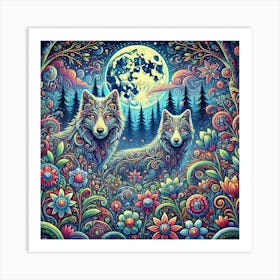 Psychedelic Painting Art Of Wolf In The Forest With Wild Plants And Flowers Art Print