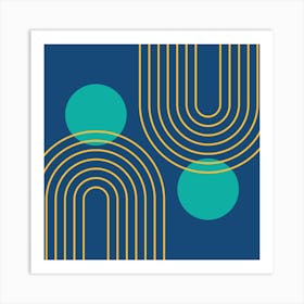 Mid Century Modern Geometric cI in Cottage Teal Navy Blue Mustard Yellow (Rainbow and Sun Abstraction) 1 Art Print