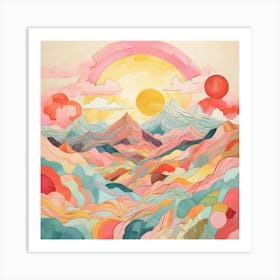 Sunny Mountain Mosaic A Playful Pastel Landscape Illustration Art Print