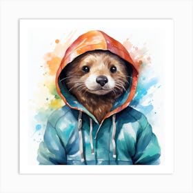 Watercolour Cartoon Otter In A Hoodie 1 Art Print
