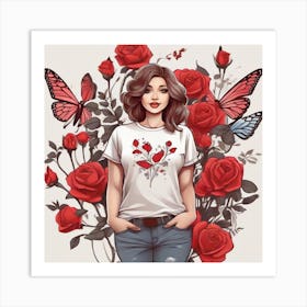 Girl With Roses And Butterflies Art Print