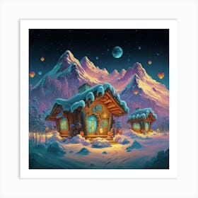 Mountain village snow wooden 6 24 Art Print