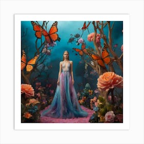 fashion, Surreal fashion garden, plant mannequins, giant flowers, organic dresses, twisted trees, cyber butterflies, psychedelic sky, colorful mist, floating lighting, enchanted podium, colors that change at the touch. 5 Art Print