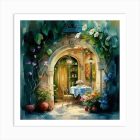 Quiet and attractive dining nook, overgrown flowers, high quality, detailed, highly 3D, elegant carved cart, 6 Art Print